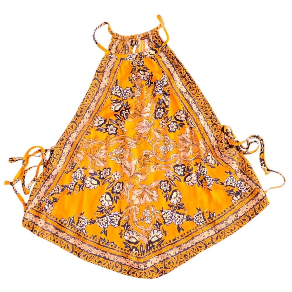 Free People Small Yellow Floral Paisley Handkerchief‎ Hem Halter Top Side Ties